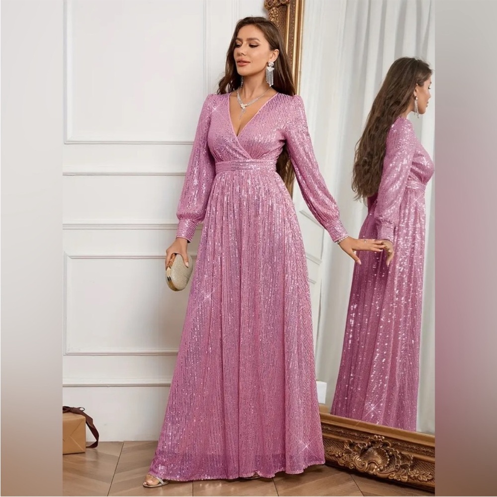 Elegant Pink Sequin Wrap Maxi Dress